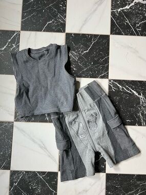 Charcoal Gray High-Waist Cargo Leggings with Matching Cropped Tank